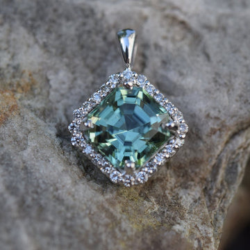 Tourmaline Pendant | Natural Green Tourmaline | Diamond Pendant | Halo Diamonds | White Gold Pendant | 14K White Gold | Green Gemstone
